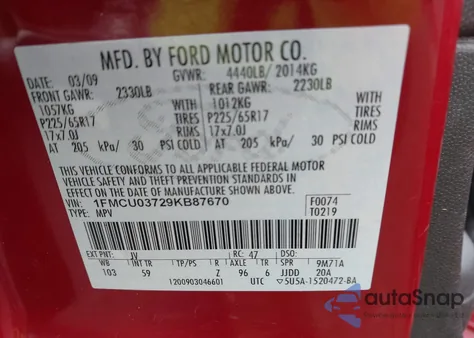2009 Ford Escape Xlt из США, поврежденный, VIN 1FMCU03729KB87670